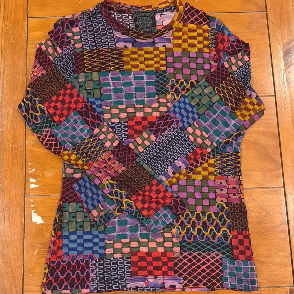 Johnny Was Red and Pink Long Sleeve Patchwork Tee